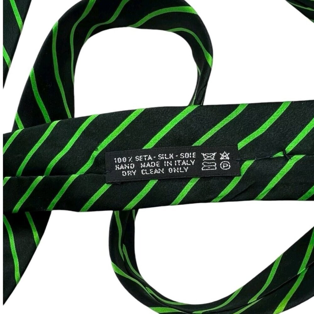 BARBARO Men's Silk Necktie LUXURY Tie Black Green Striped W:3.5" EUC - Picture 3 of 4